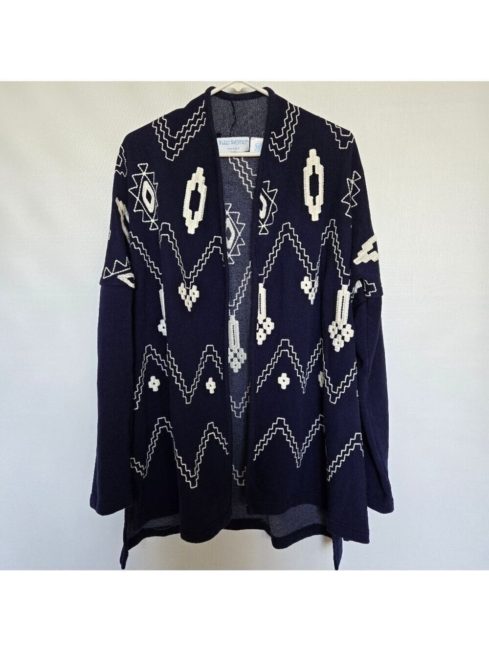 BLUE BAYOU CARDIGAN WOMENS OPEN FRONT EMBROIDERED NAVY WHITE (LARGE)